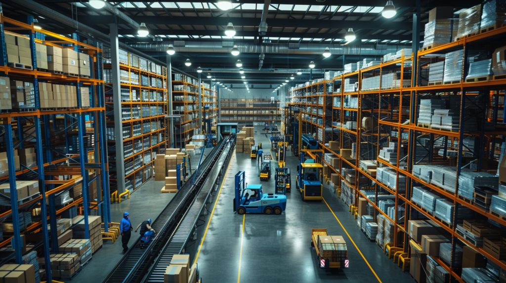 A warehouse team sorting packages inside a modern fulfillment center