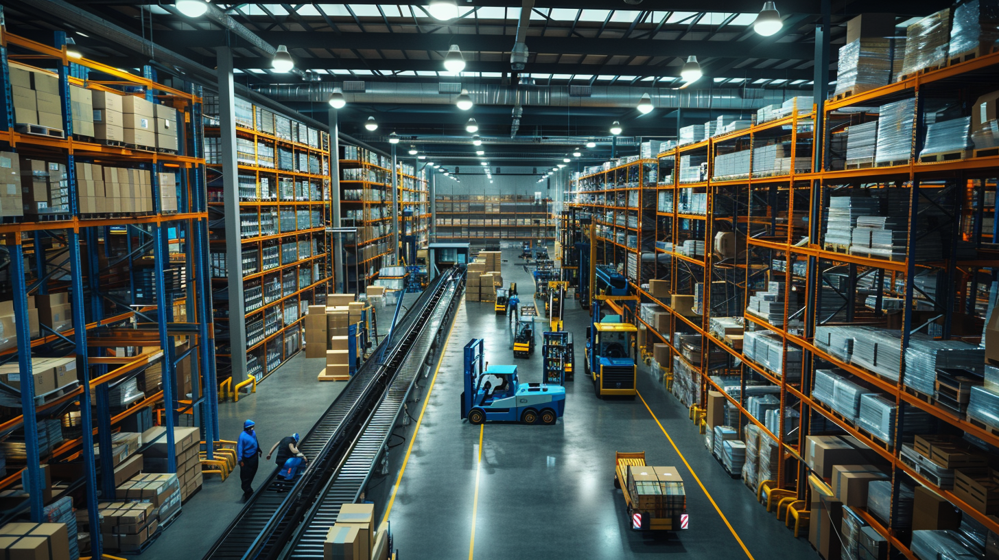A warehouse team sorting packages inside a modern fulfillment center